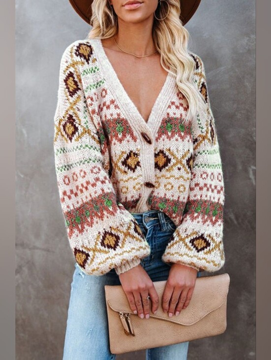 Ditzys Boutique Sweaters - Boho Chic Soft And Cozy Cream V-Neck Button Up Knitted Sweater